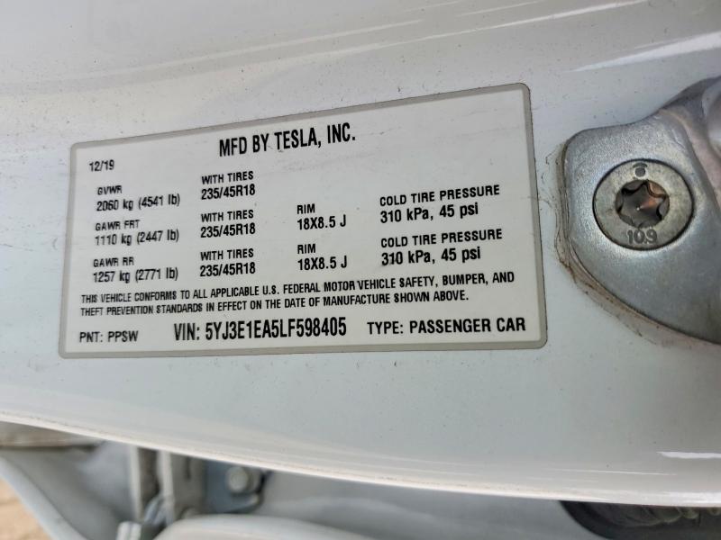 Продаж на аукціоні авто 2020 Tesla Model 3, vin: 5YJ3E1EA5LF598405, номер лоту: 56374966