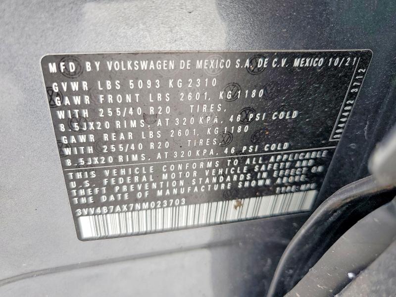 2022 Volkswagen Tiguan მანქანა იყიდება აუქციონზე, vin: 3VV4B7AX7NM023703, აუქციონის ნომერი: 55891636