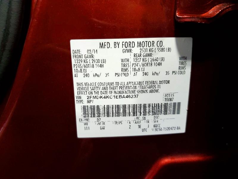 56711036 :رقم المزاد ، 2FMDK4KC1EBA46237 vin ، 2014 Ford Edge مزاد بيع