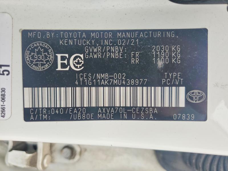 Продажа на аукционе авто 2021 Toyota Camry, vin: 4T1G11AK7MU438977, номер лота: 57007746