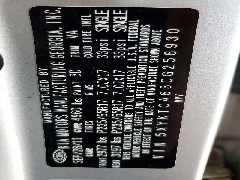 2012 Kia Sorento მანქანა იყიდება აუქციონზე, vin: 5XYKTCA63CG256930, აუქციონის ნომერი: 58313816