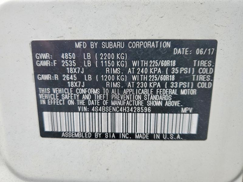 Продаж на аукціоні авто 2017 Subaru Outback, vin: 4S4BSENC4H3428596, номер лоту: 58638716