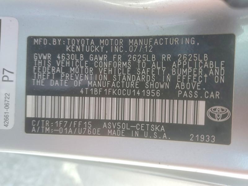 Aukcja sprzedaży 2012 Toyota Camry, vin: 4T1BF1FK0CU141956, numer aukcji: 56987656