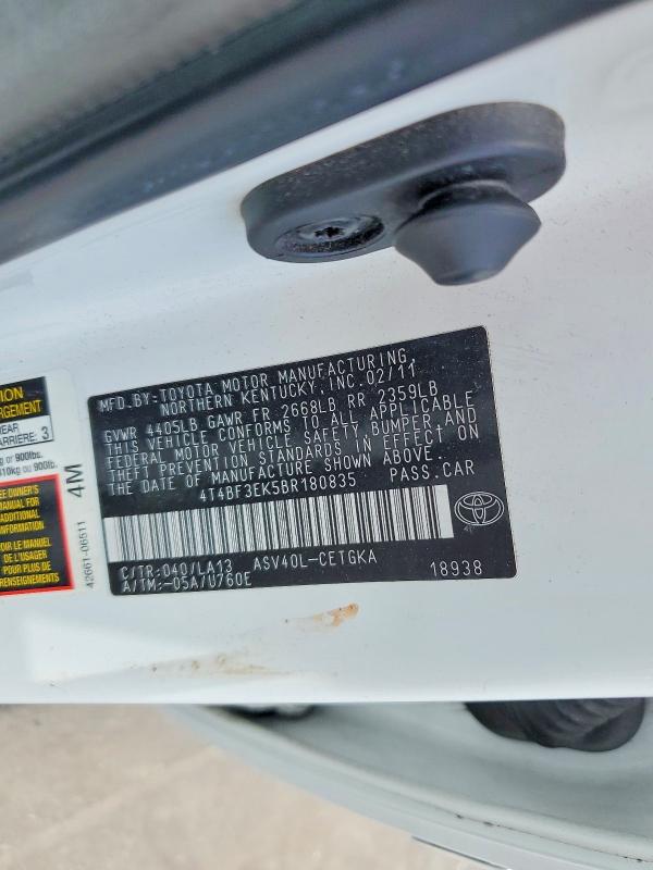 2011 Toyota Camry მანქანა იყიდება აუქციონზე, vin: 4T4BF3EK5BR180835, აუქციონის ნომერი: 55327326