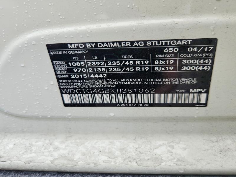 57128956 :رقم المزاد ، WDCTG4GBXJJ381062 vin ، 2018 Mercedes-benz Gla مزاد بيع
