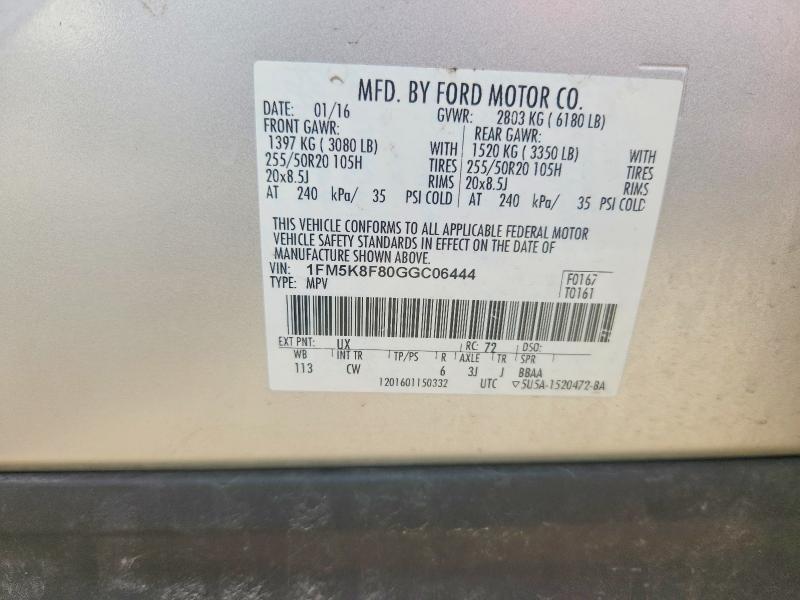 2016 Ford Explorer მანქანა იყიდება აუქციონზე, vin: 1FM5K8F80GGC06444, აუქციონის ნომერი: 59159096