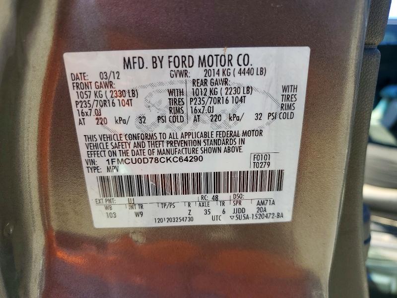 2012 Ford Escape მანქანა იყიდება აუქციონზე, vin: 1FMCU0D78CKC64290, აუქციონის ნომერი: 58514196