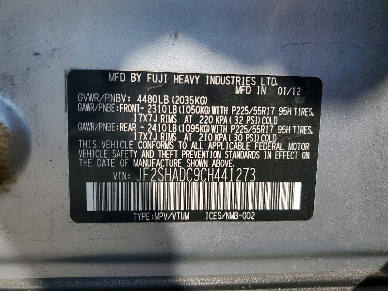 Aukcja sprzedaży 2012 Subaru Forester, vin: JF2SHADC9CH441273, numer aukcji: 58786056
