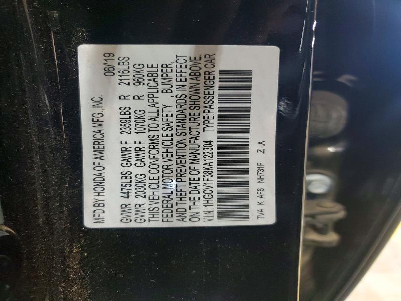 Продажа на аукционе авто 2019 Honda Accord, vin: 1HGCV1F38KA122304, номер лота: 56654166