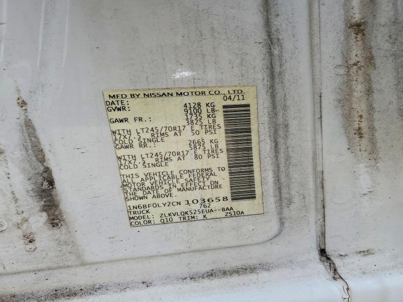 55385246 :رقم المزاد ، 1N6BF0LY2CN103658 vin ، 2012 Nissan Nv 2500 مزاد بيع