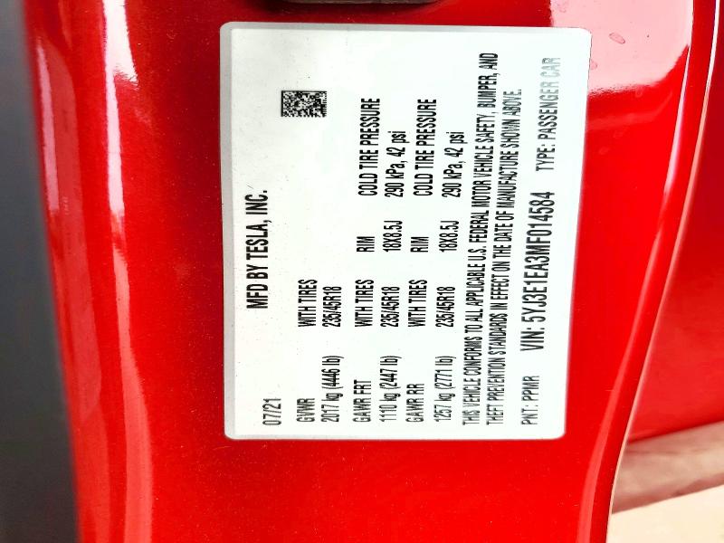 57928186 :رقم المزاد ، 5YJ3E1EA3MF014584 vin ، 2021 Tesla Model 3 مزاد بيع