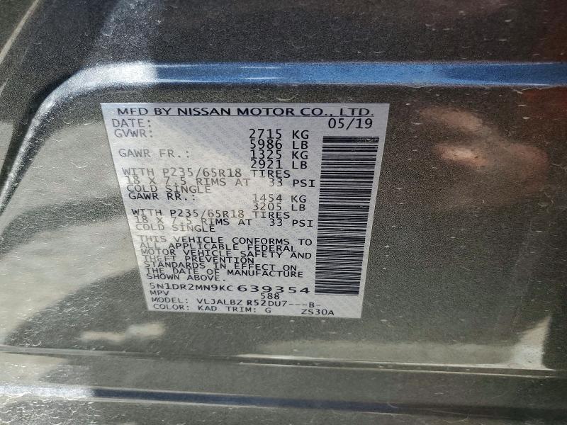 Aukcja sprzedaży 2019 Nissan Pathfinder, vin: 5N1DR2MN9KC639354, numer aukcji: 59129106