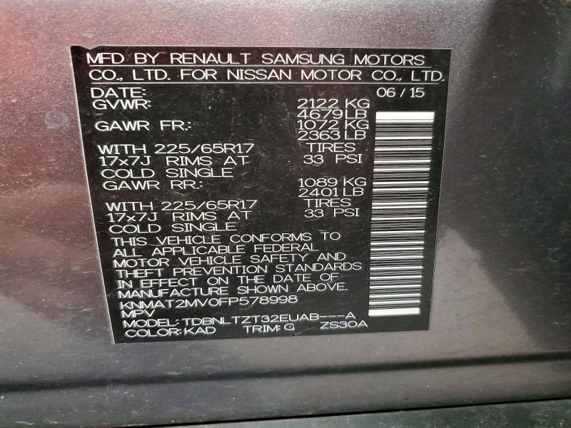 58030546 :رقم المزاد ، KNMAT2MV0FP578998 vin ، 2015 Nissan Rogue مزاد بيع