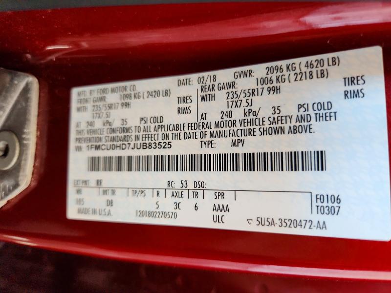 Aukcja sprzedaży 2018 Ford Escape, vin: 1FMCU0HD7JUB83525, numer aukcji: 55794506