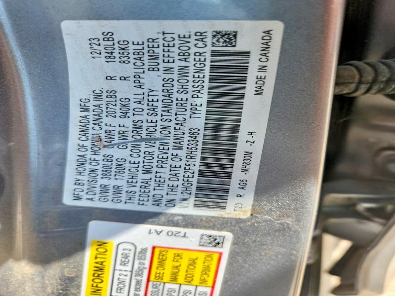 Auction sale of the 2024 Honda Civic, vin: 2HGFE2F51RH533463, lot number: 59110806