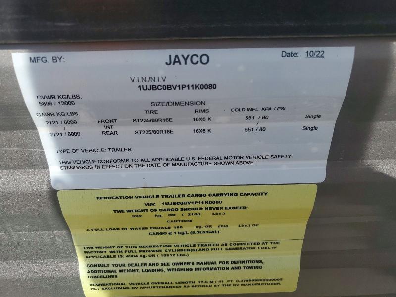 63368816 :رقم المزاد ، 1UJBC0BV1P11K0080 vin ، 2023 Jaco Jay Flight Recreation مزاد بيع