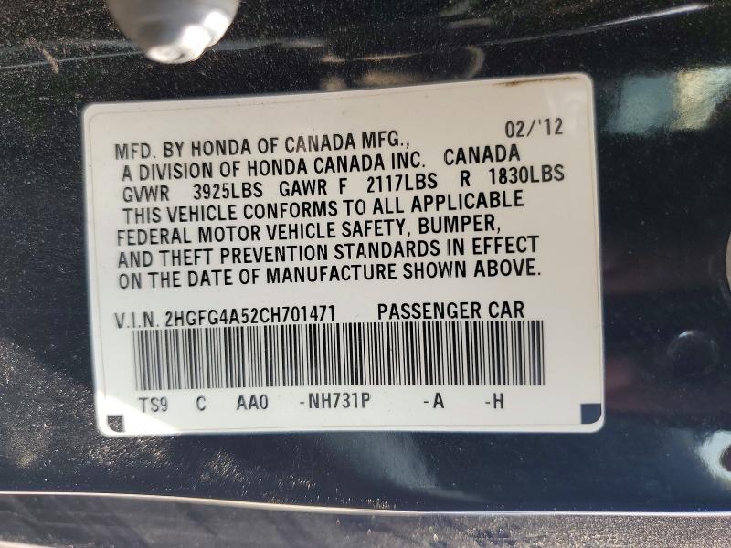 Aukcja sprzedaży 2012 Honda Civic, vin: 2HGFG4A52CH701471, numer aukcji: 57892656