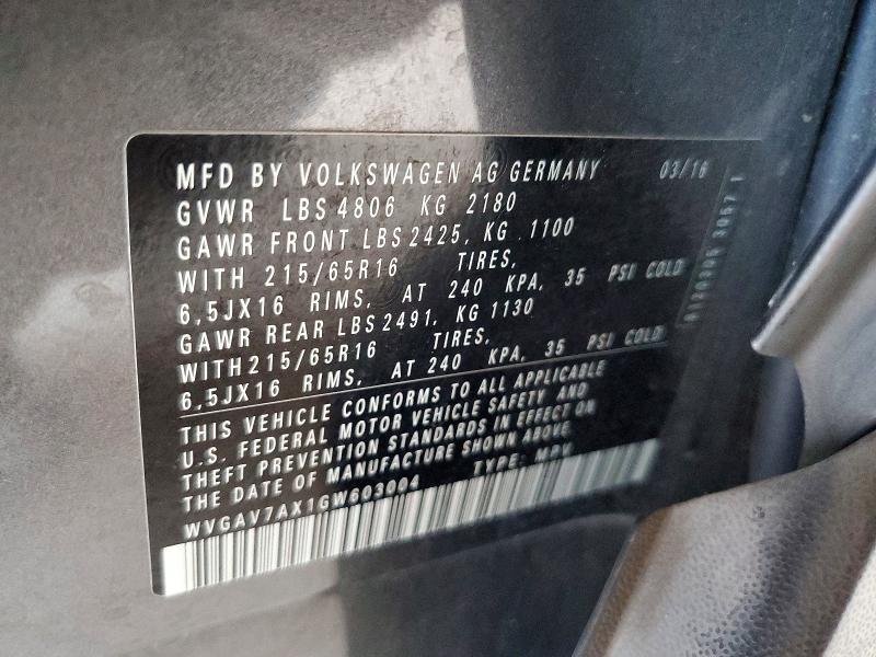 2016 Volkswagen Tiguan მანქანა იყიდება აუქციონზე, vin: WVGAV7AX1GW603004, აუქციონის ნომერი: 58148916