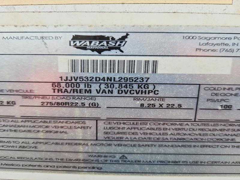 2022 Wabash Dvcvhpc მანქანა იყიდება აუქციონზე, vin: 1JJV532D4NL295237, აუქციონის ნომერი: 57744256