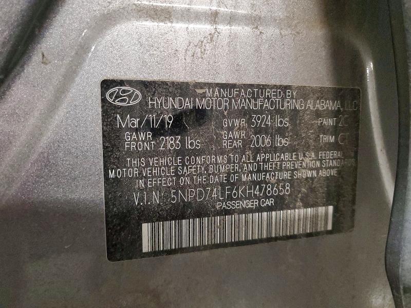2019 Hyundai Elantra მანქანა იყიდება აუქციონზე, vin: 5NPD74LF6KH478658, აუქციონის ნომერი: 56163526