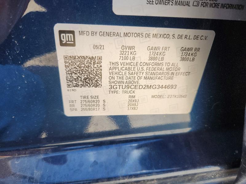 2021 Gmc Sierra მანქანა იყიდება აუქციონზე, vin: 3GTU9CED2MG344693, აუქციონის ნომერი: 58019706