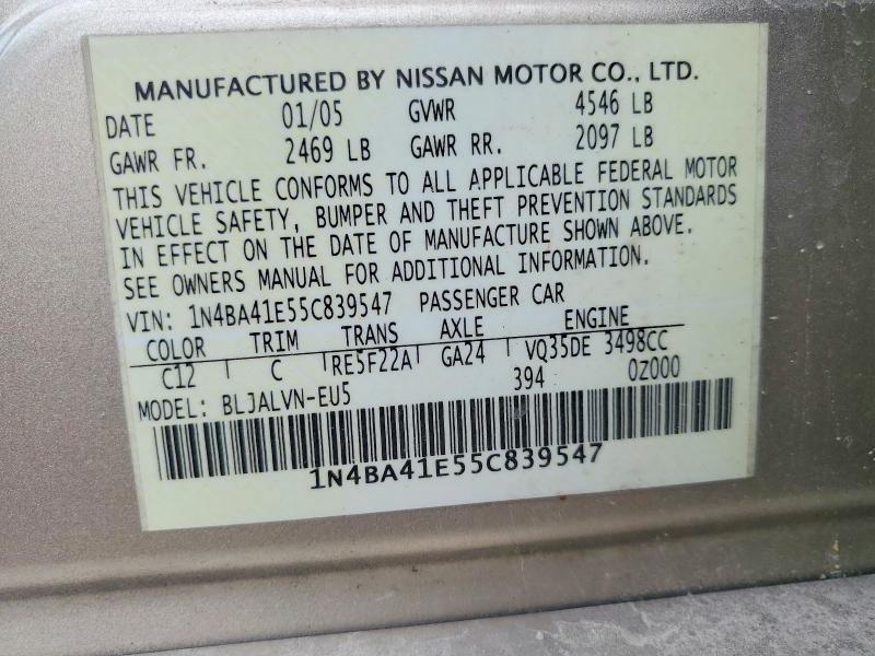 Aukcja sprzedaży 2005 Nissan Maxima, vin: 1N4BA41E55C839547, numer aukcji: 58871986