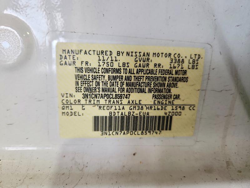 57162956 :رقم المزاد ، 3N1CN7AP0CL859747 vin ، 2012 Nissan Versa مزاد بيع