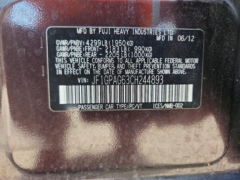 57412756 :رقم المزاد ، JF1GPAG63CH244893 vin ، 2012 Subaru Impreza مزاد بيع