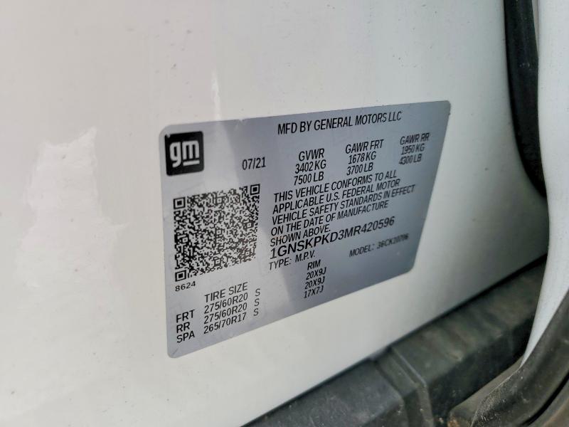 Продаж на аукціоні авто 2021 Chevrolet Tahoe, vin: 1GNSKPKD3MR420596, номер лоту: 58717386