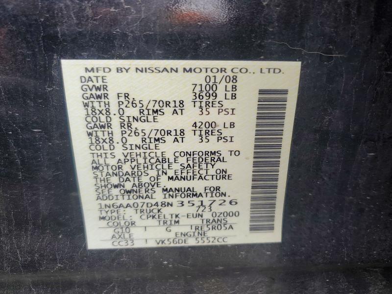 Auction sale of the 2008 Nissan Titan, vin: 1N6AA07D48N351726, lot number: 59000326