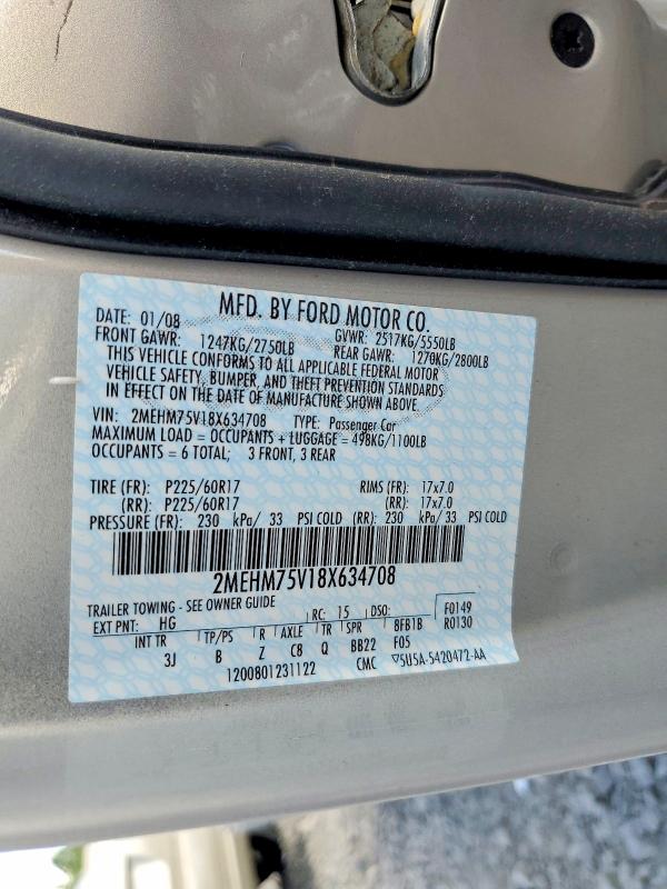 2008 Mercury Grand Marquis მანქანა იყიდება აუქციონზე, vin: 2MEHM75V18X634708, აუქციონის ნომერი: 55607006