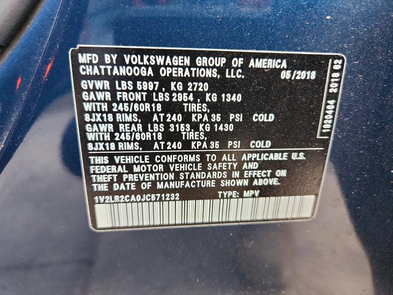 56655326 :رقم المزاد ، 1V2LR2CA0JC571232 vin ، 2018 Volkswagen Atlas مزاد بيع