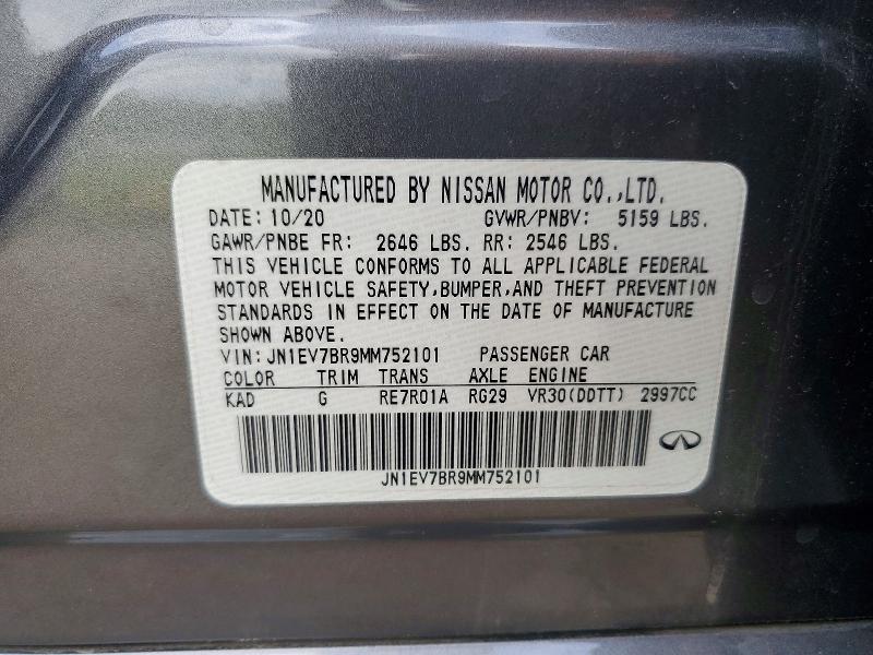 Aukcja sprzedaży 2021 Infiniti Q50, vin: JN1EV7BR9MM752101, numer aukcji: 56961516
