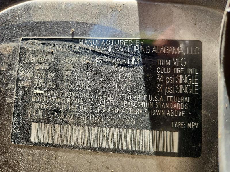 2018 Hyundai Santa Fe Sport მანქანა იყიდება აუქციონზე, vin: 5NMZT3LB3JH101726, აუქციონის ნომერი: 58903556