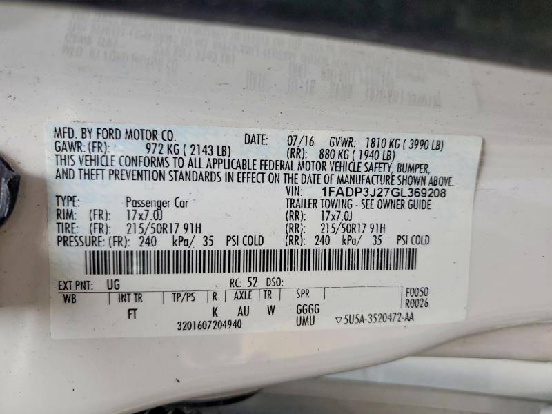 54874346 :رقم المزاد ، 1FADP3J27GL369208 vin ، 2016 Ford Focus مزاد بيع