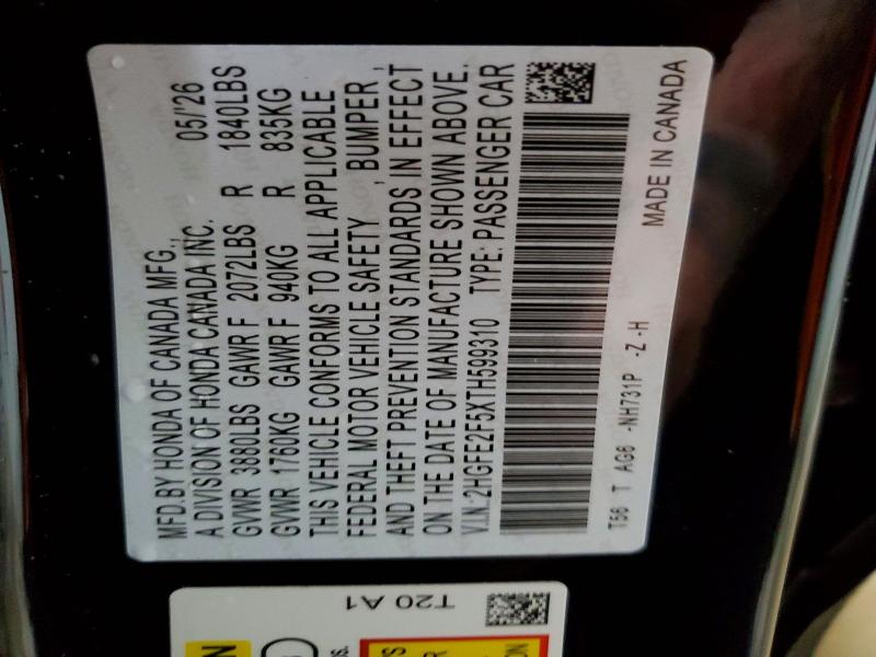 Продажа на аукционе авто 2026 Honda Civic, vin: 2HGFE2F5XTH599310, номер лота: 58248776