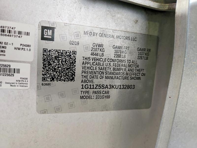 2019 Chevrolet Impala მანქანა იყიდება აუქციონზე, vin: 1G11Z5SA3KU132803, აუქციონის ნომერი: 57899836