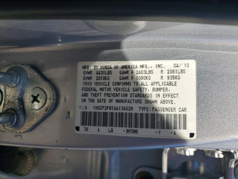 Продажа на аукционе авто 2010 Honda Accord, vin: 1HGCP2F81AA134028, номер лота: 55789096