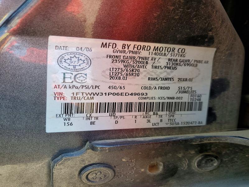 2006 Ford F350 მანქანა იყიდება აუქციონზე, vin: 1FTWW31P06ED49693, აუქციონის ნომერი: 55753266