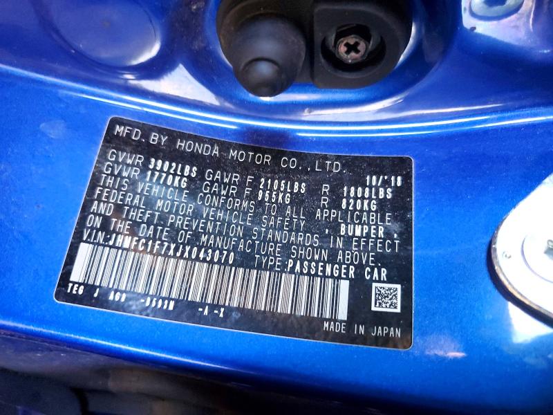 Продаж на аукціоні авто 2018 Honda Civic, vin: JHMFC1F7XJX043070, номер лоту: 58212496