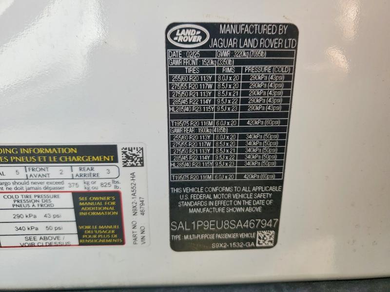2025 Land Rover Range Rover Sport მანქანა იყიდება აუქციონზე, vin: SAL1P9EU8SA467947, აუქციონის ნომერი: 56997446