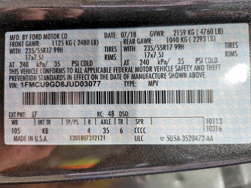 2018 Ford Escape მანქანა იყიდება აუქციონზე, vin: 1FMCU9GD8JUD03077, აუქციონის ნომერი: 56615636