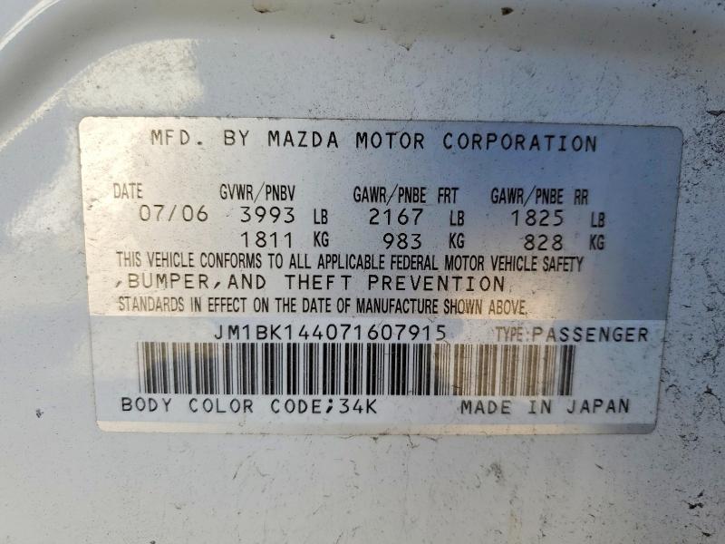 Aukcja sprzedaży 2007 Mazda 3, vin: JM1BK144071607915, numer aukcji: 56496836