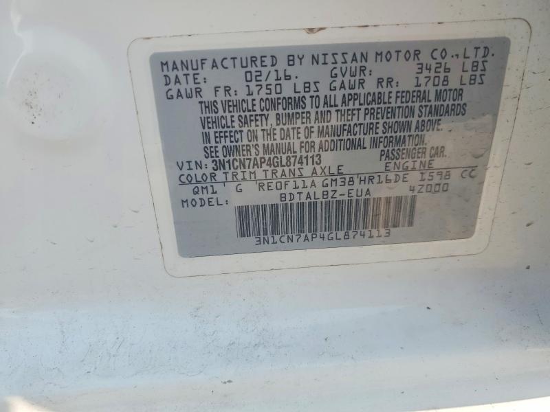 Продаж на аукціоні авто 2016 Nissan Versa, vin: 3N1CN7AP4GL874113, номер лоту: 58759146