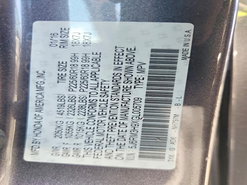 58045596 :رقم المزاد ، 5J6RM3H9XGL005709 vin ، 2016 Honda Cr-v مزاد بيع