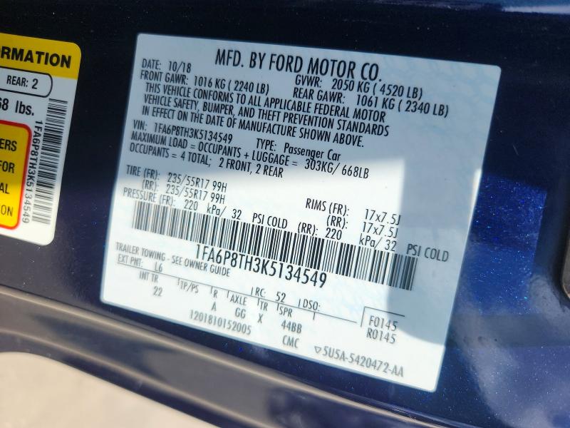 Auction sale of the 2019 Ford Mustang, vin: 1FA6P8TH3K5134549, lot number: 58105826