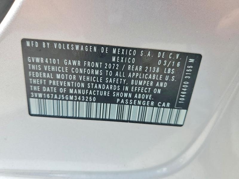 56123356 :رقم المزاد ، 3VW167AJ5GM343250 vin ، 2016 Volkswagen Jetta مزاد بيع