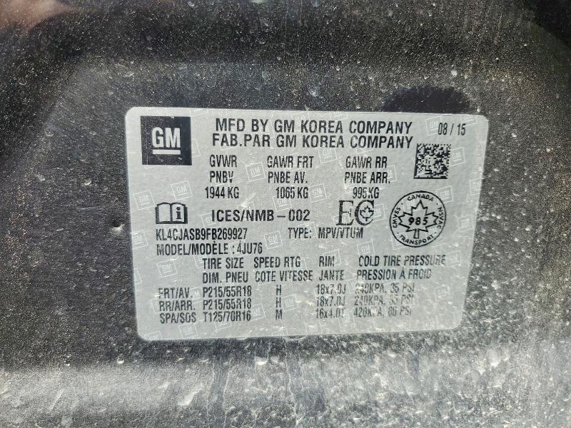 2015 Buick Encore მანქანა იყიდება აუქციონზე, vin: KL4CJASB9FB269927, აუქციონის ნომერი: 55938666