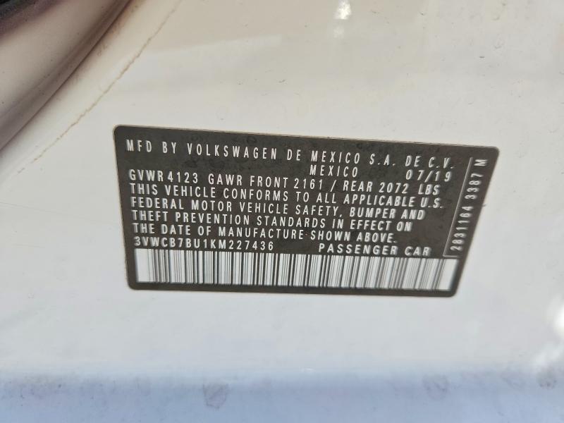 2019 Volkswagen Jetta მანქანა იყიდება აუქციონზე, vin: 3VWCB7BU1KM227436, აუქციონის ნომერი: 56082016