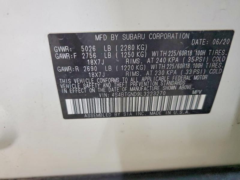 2020 Subaru Outback მანქანა იყიდება აუქციონზე, vin: 4S4BTGND9L3223270, აუქციონის ნომერი: 57652686